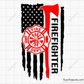 Firefighter axe with fire department badge over USA flag and vertical firefighter text design for apparel decals and patriotic projects