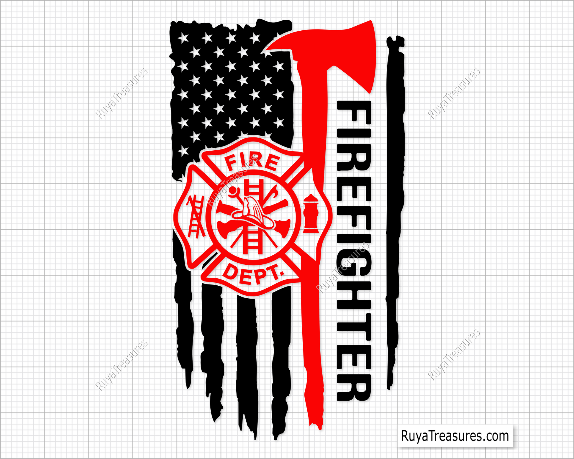 Firefighter axe with fire department badge over USA flag and vertical firefighter text design for apparel decals and patriotic projects