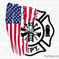 Fire department badge split with distressed USA flag design in black for firefighter decals apparel and patriotic projects