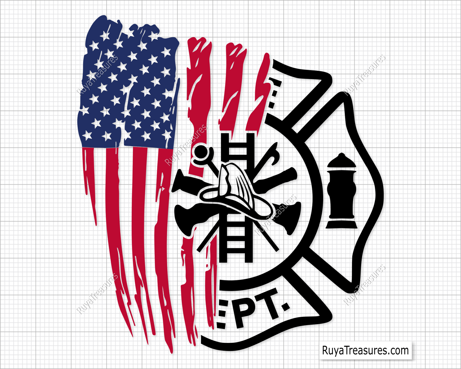 Fire department badge split with distressed USA flag design in black for firefighter decals apparel and patriotic projects