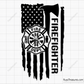 Firefighter axe with fire department badge over USA flag and vertical firefighter text design for apparel decals and patriotic projects