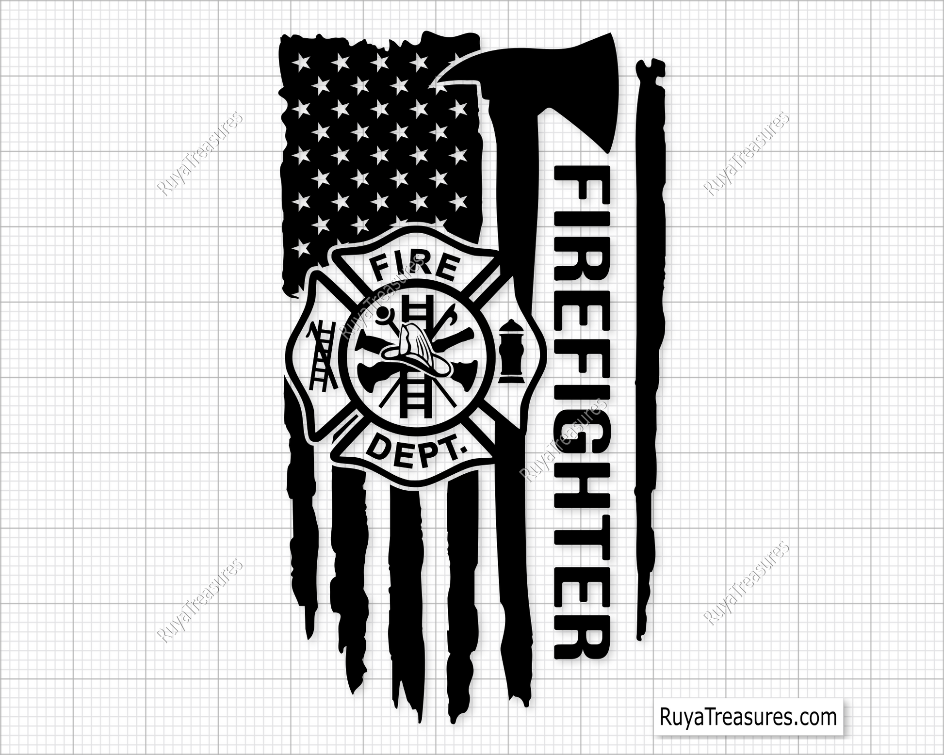 Firefighter axe with fire department badge over USA flag and vertical firefighter text design for apparel decals and patriotic projects