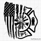 Fire department badge split with distressed USA flag design in black for firefighter decals apparel and patriotic projects