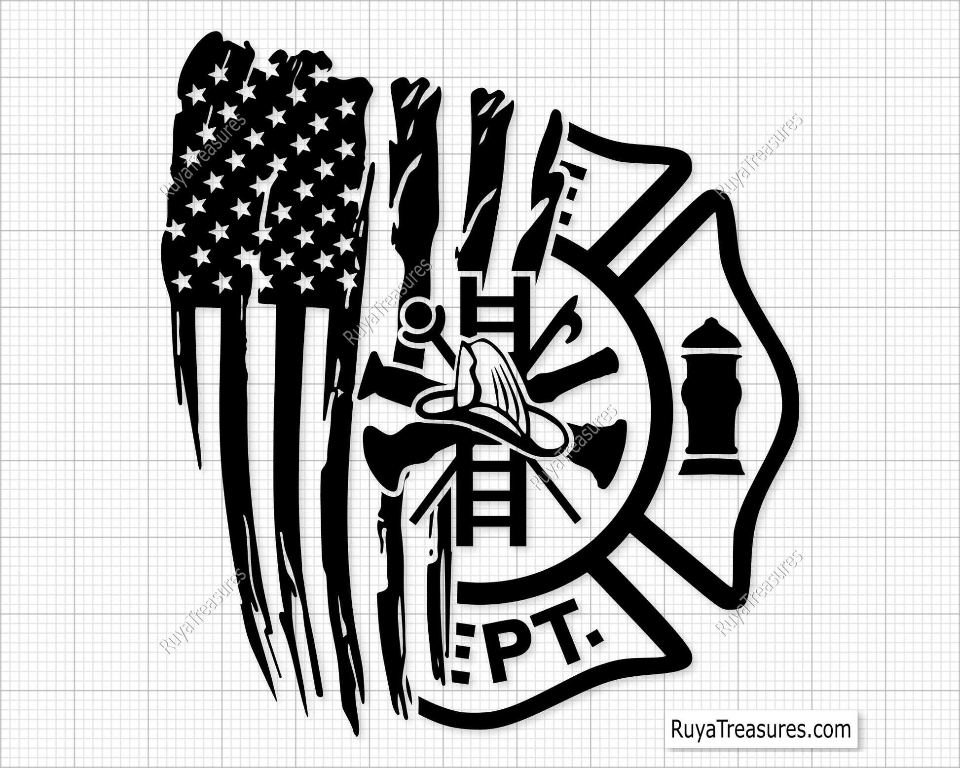 Fire department badge split with distressed USA flag design in black for firefighter decals apparel and patriotic projects