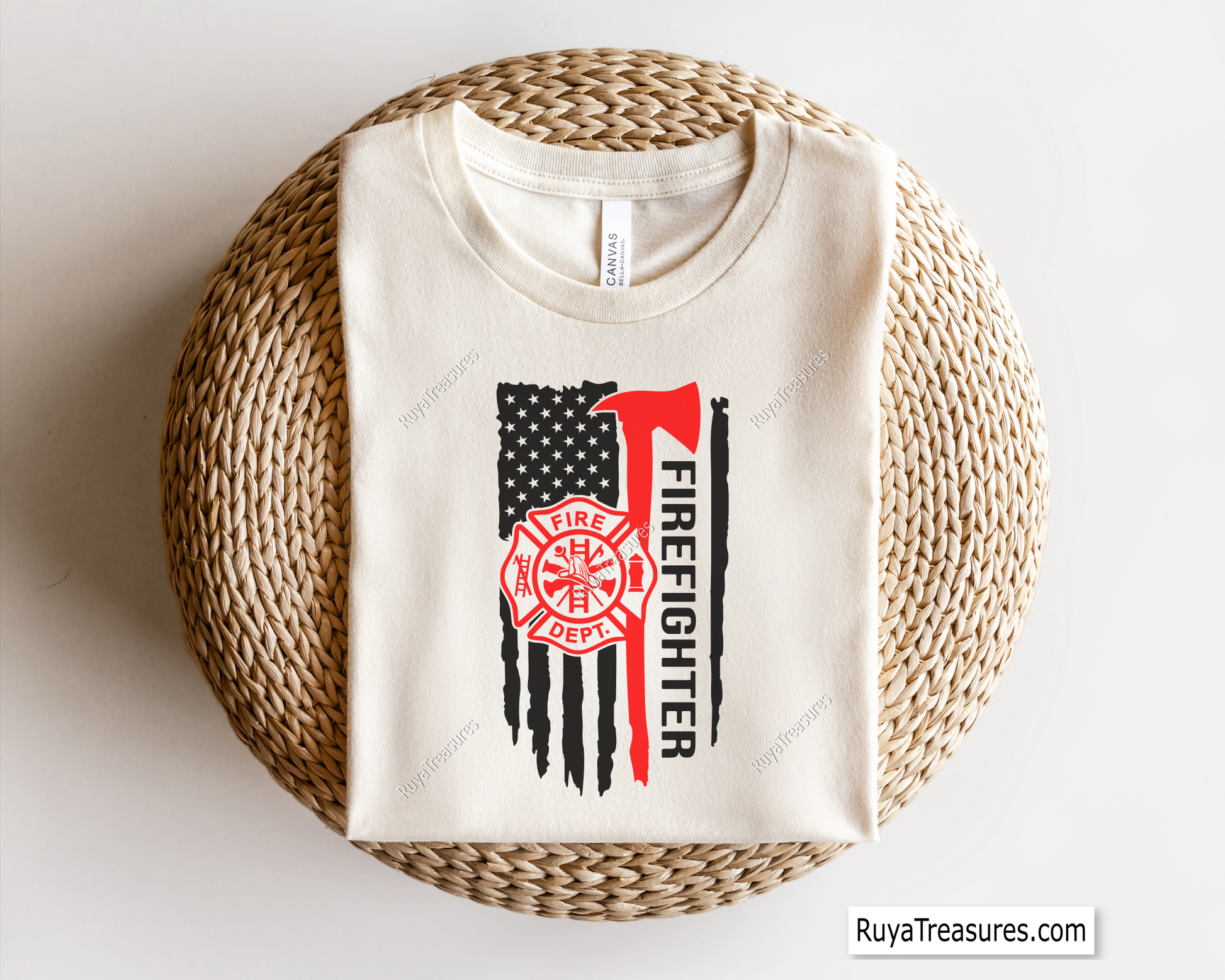 Firefighter axe with fire department badge over USA flag and vertical firefighter text design for apparel decals and patriotic projects