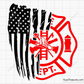 Fire department badge split with distressed USA flag design in black for firefighter decals apparel and patriotic projects