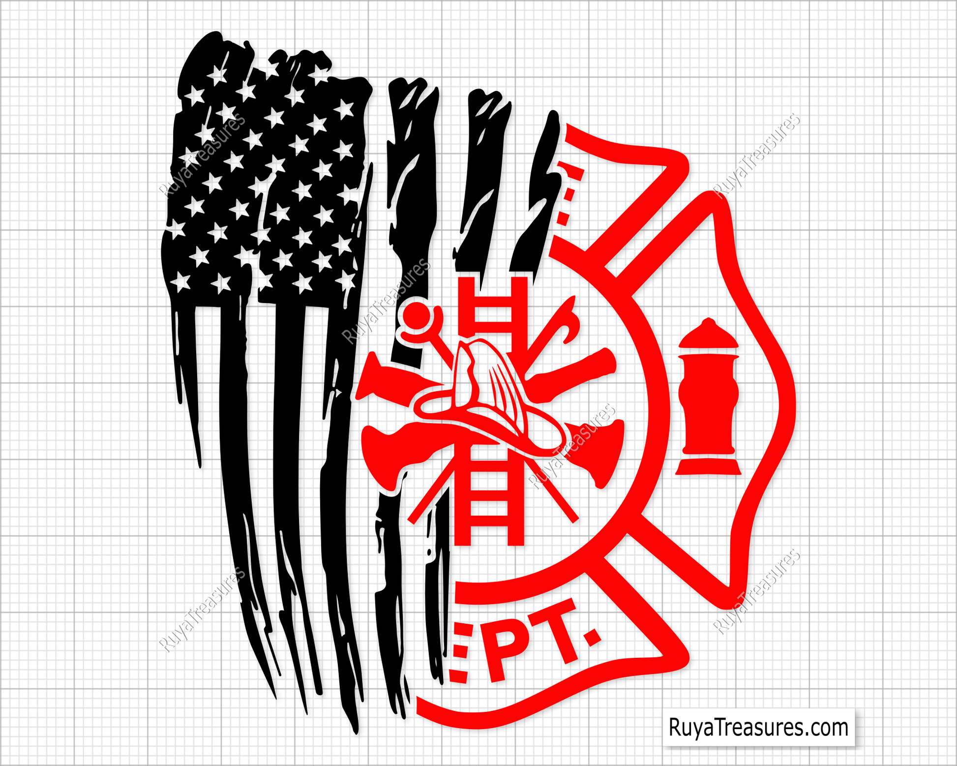 Fire department badge split with distressed USA flag design in black for firefighter decals apparel and patriotic projects