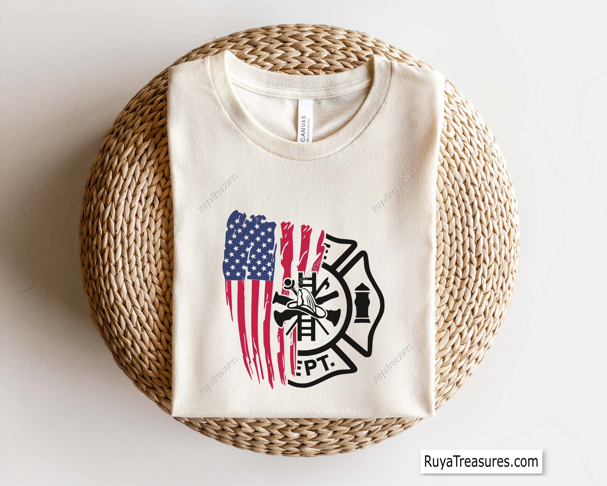 Fire department badge split with distressed USA flag design in black for firefighter decals apparel and patriotic projects