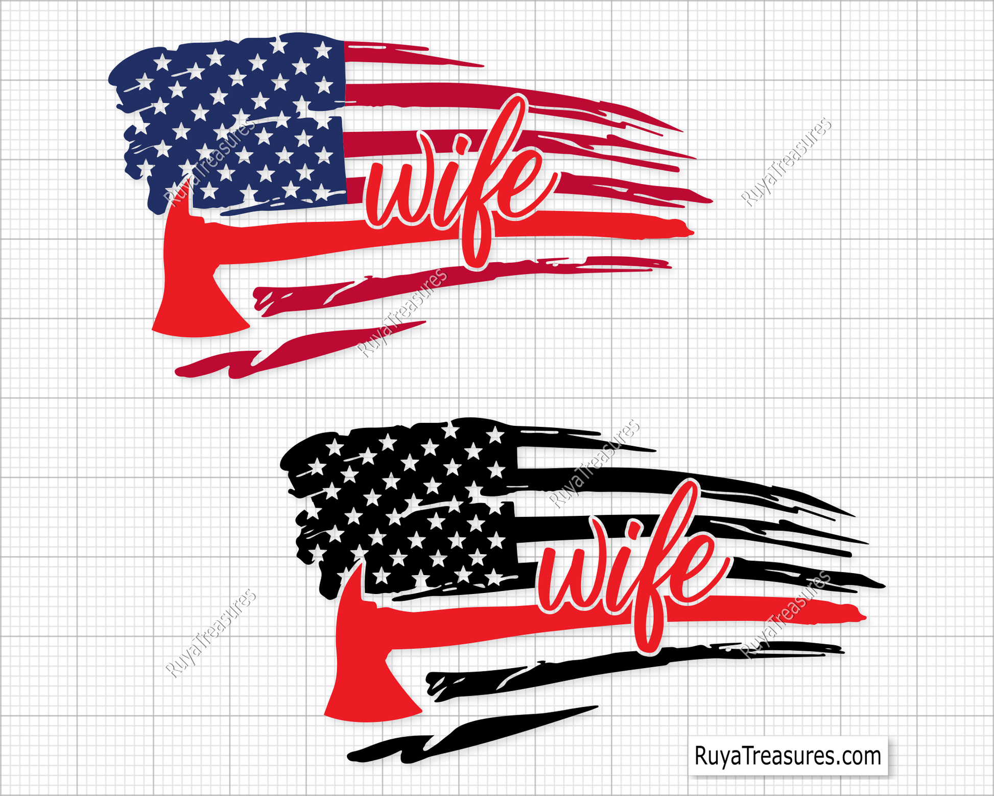 Firefighter wife USA flag design with axe, patriotic fire wife graphic for apparel and decals