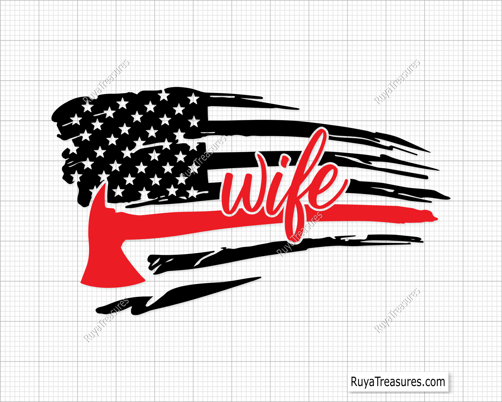 Firefighter wife USA flag design with axe, patriotic fire wife graphic for apparel and decals