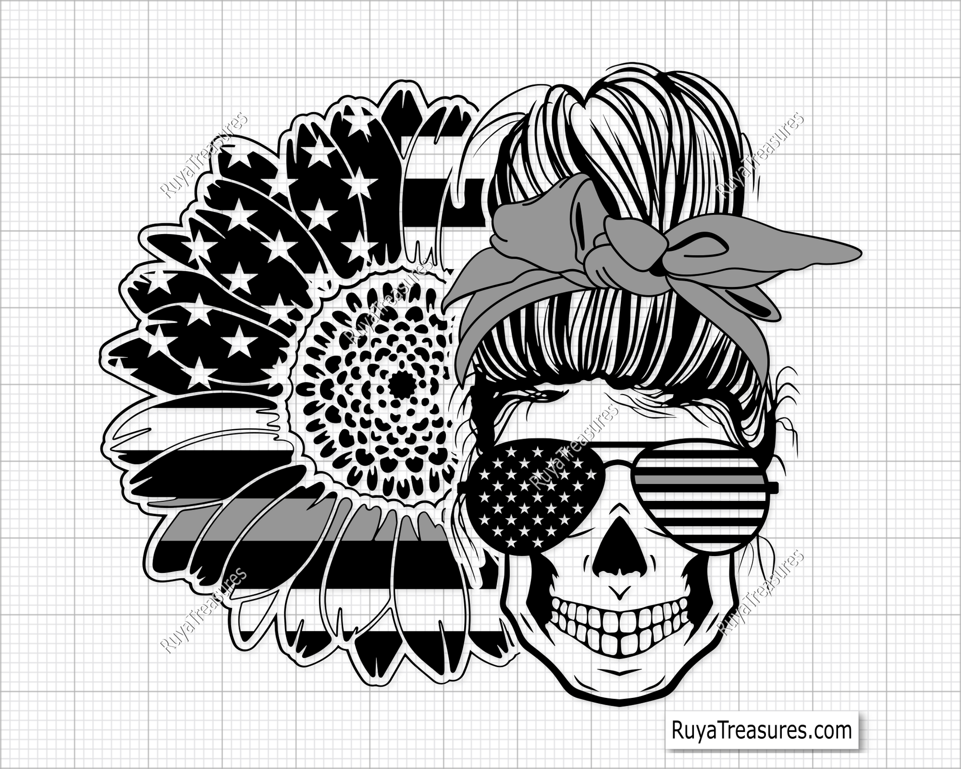 American Sunflower Messy Bun Gray Line svg