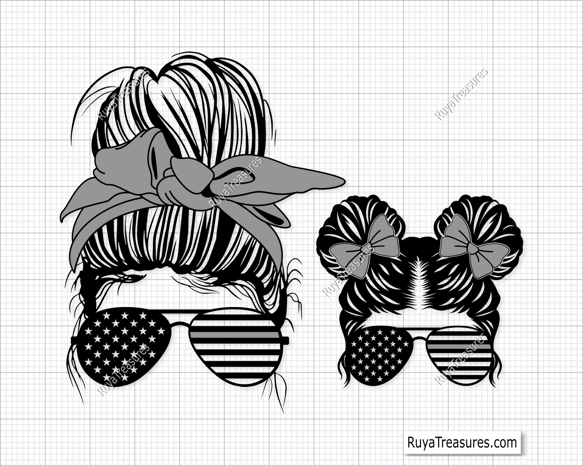 American Sunflower Messy Bun Gray Line svg
