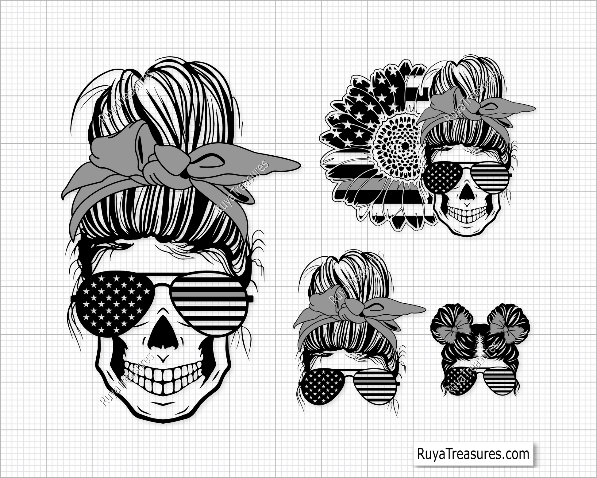 American Sunflower Messy Bun Gray Line svg