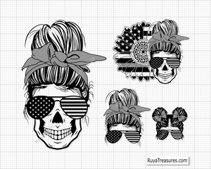 American Sunflower Messy Bun Gray Line svg
