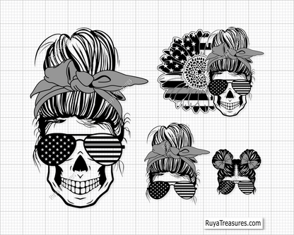 American Sunflower Messy Bun Gray Line svg