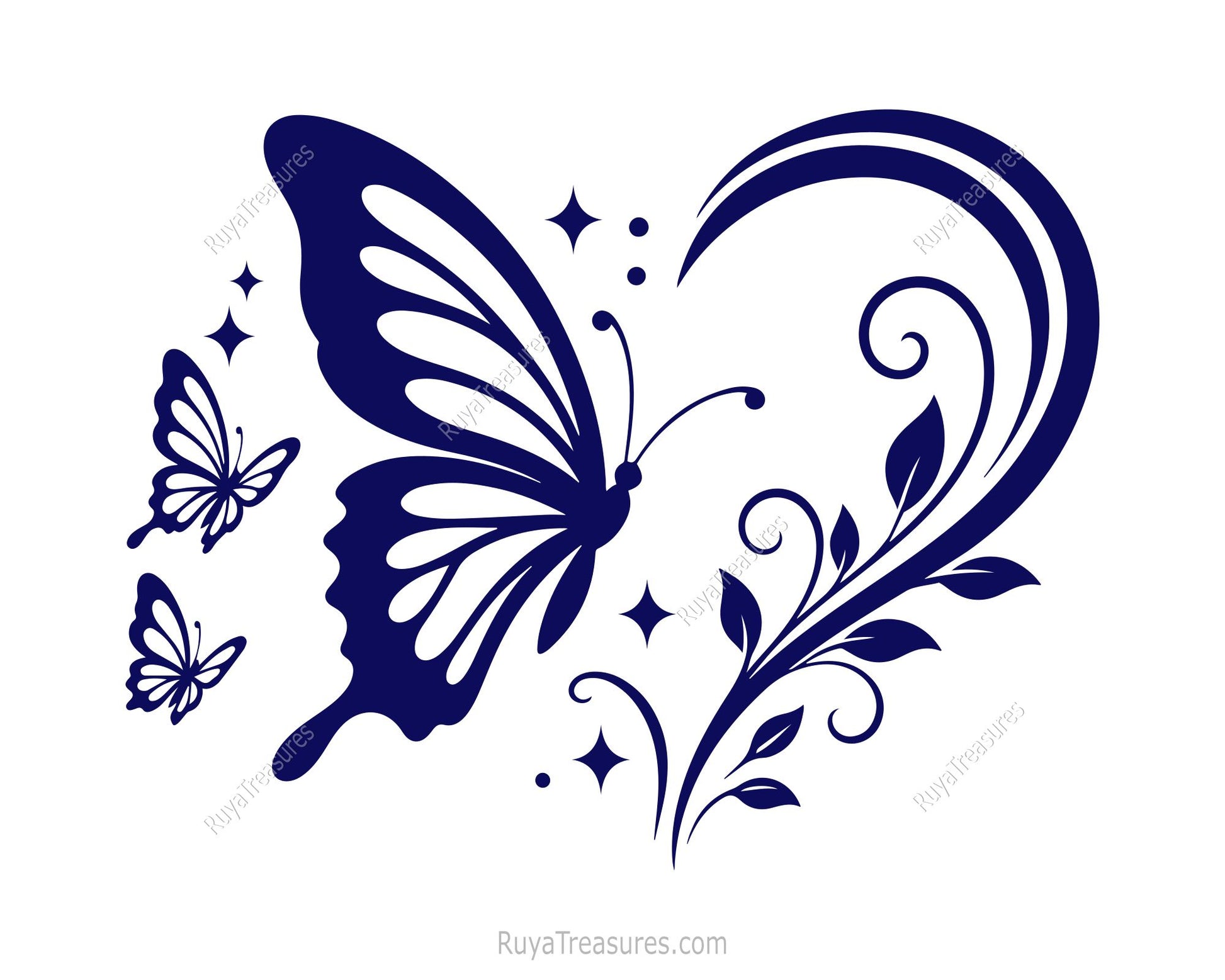 Elegant butterfly floral composition in heart shape for apparel and vinyl cutting