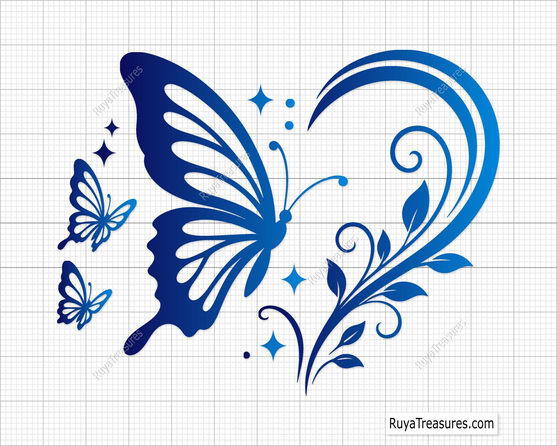 Butterfly heart floral swirl design featuring blue butterflies and decorative floral elements in a heart shape, perfect for craft and apparel use