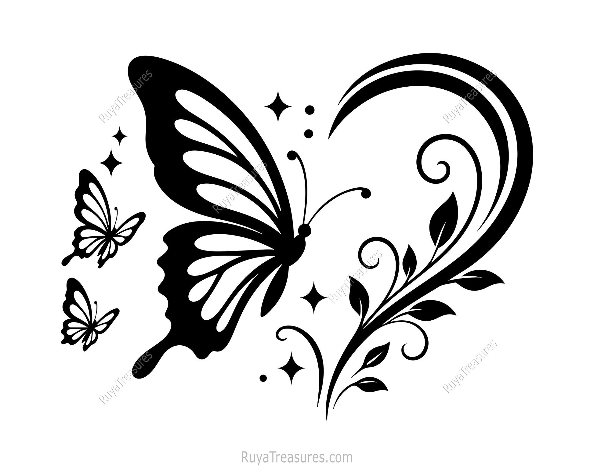 Cute butterfly heart floral swirl design with elegant decorative leaves and sparkles