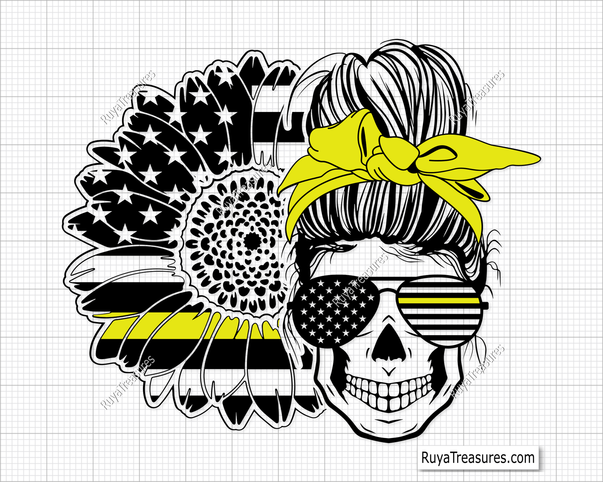 American Sunflower Messy Bun Yellow Line svg