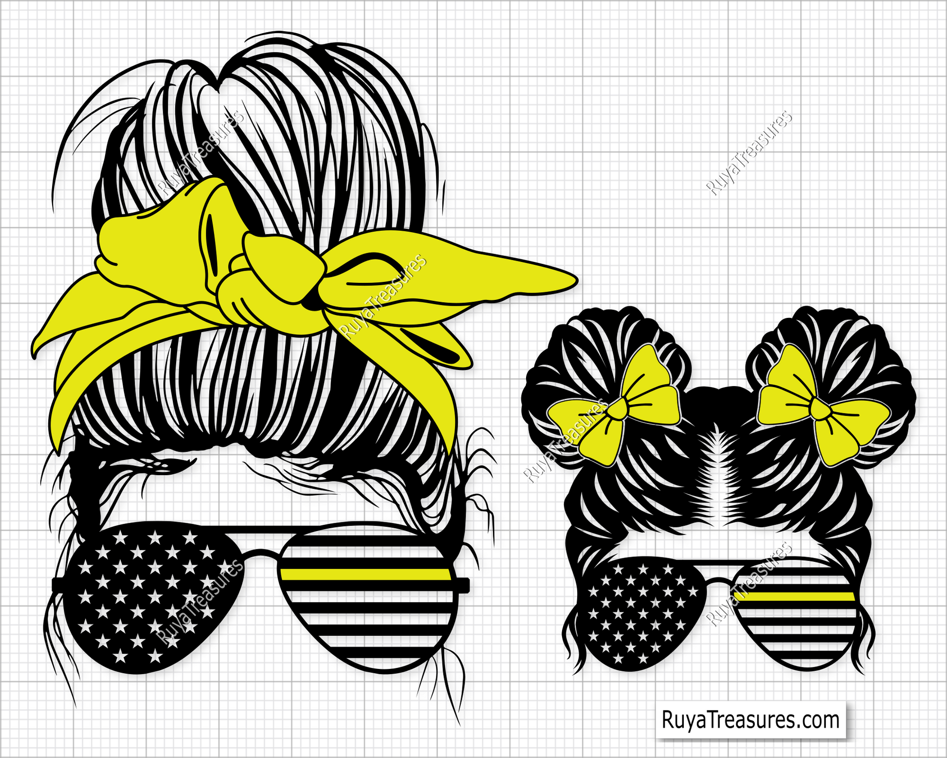 American Sunflower Messy Bun Yellow Line svg