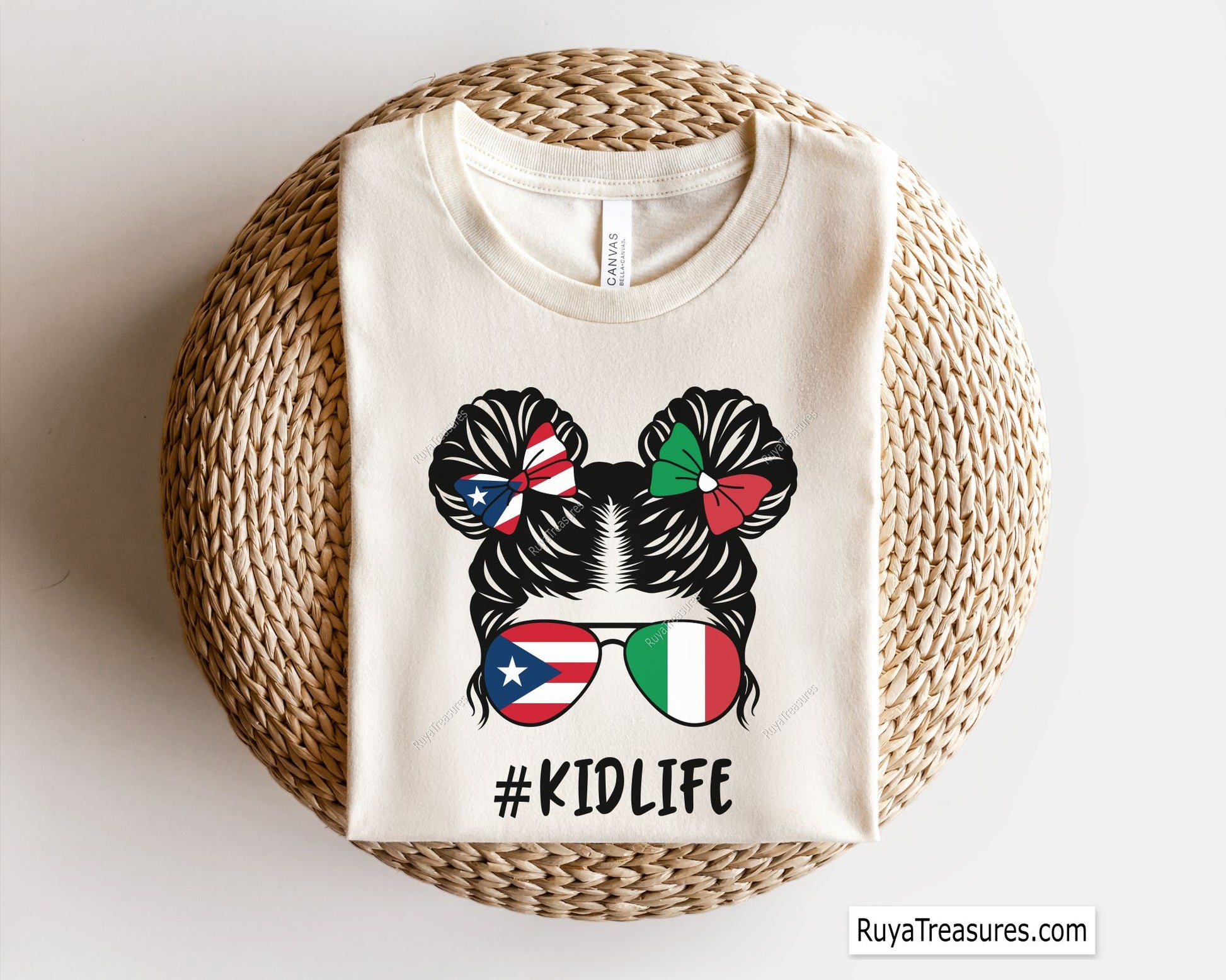 puerto rico italy kidlife girl svg messy bun with flag sunglasses and bows for shirts gifts and custom designs