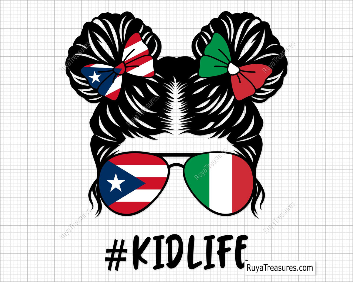 puerto rico italy kidlife girl svg messy bun with flag sunglasses and bows for shirts gifts and custom designs