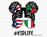 puerto rico italy kidlife girl svg messy bun with flag sunglasses and bows for shirts gifts and custom designs