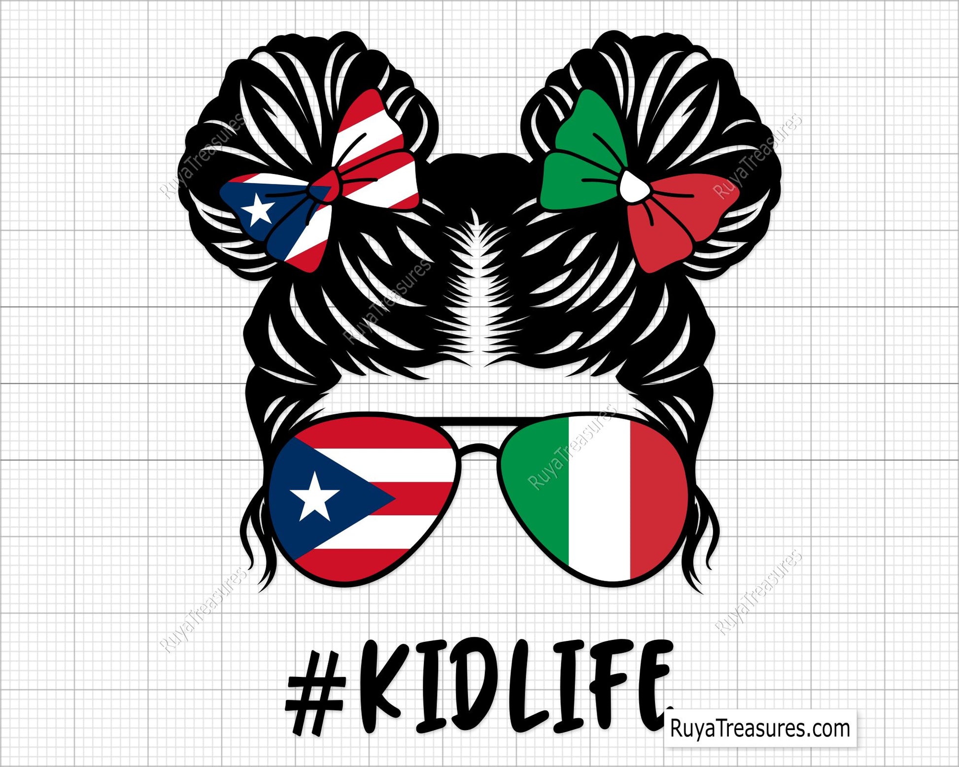 puerto rico italy kidlife girl svg messy bun with flag sunglasses and bows for shirts gifts and custom designs
