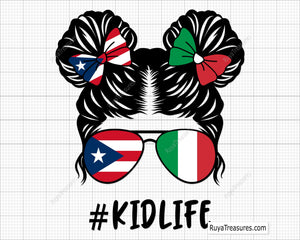 puerto rico italy kidlife girl svg messy bun with flag sunglasses and bows for shirts gifts and custom designs