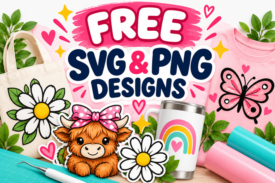Colorful craft projects featuring a floral tote bag, rainbow tumbler, butterfly shirt, Highland cow and daisy designs.